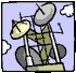 Animated sequence of a cartoon figure in olive-green clothing operating satellite dishes against a light purple background with white cloud shapes.