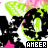 Pixelated green and black character with pink accents, displaying 'AMBER' text in white and red