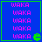 Blue background with green border, pink 'WAKA' text repeated vertically six times per , small green pixelated shape in bottom-right corner of each quadrant