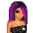 Pixel art character with purple-pink hair, green eyes, and a black strapless top featuring white stars on the left side of the image.