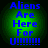 Four identical circular green icons with blue text reading 'Aliens Are Here For U!!!!!!!' arranged in a