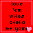 Red square icon with black pixelated text reading 'love 'em wifes ofelia &+ yomi.' and a pink heart symbol, displayed in four identical
