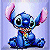 Blue cartoon character with large pink ears, black eyes, and a red-and-yellow collar, sitting with arms raised against a light purple background.