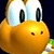 Pixelated cartoon character with large yellow head, white top, black vertical eyes, and two small brown dots on face.