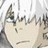 Pixelated anime-style character with white hair and green eyes, set against black background with text labels.