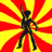 A 4-frame contact sheet of a stick figure dancing against a red and yellow radial burst background, with each frame showing slightly different arm positions.