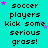 Pixelated cyan background with repeated black text 'soccer players kick some serious grass!' and scattered pink/purple stars, static image.