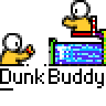 Animated contact sheet of a pixel art character performing dunking actions with basketballs and hoops, displayed in multiple frames showing sequential motion.