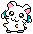 Pixel art character with white body, pink inner ears, teal shoulder accents, and yellow feet on gray background.