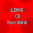 Red background with large dark red circles; cyan text 'LING', '<3', 'horses' in four identical quadrants.