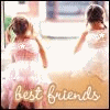 Two girls in pink dresses stand with their backs to the viewer, facing a bright outdoor scene with text reading 'best friends' at the bottom.