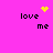 Pixelated text 'love me' on bright pink background with yellow heart and starburst symbols above text in four variations.