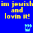 Blue background with yellow text repeating 'im jewishim jewish and lovin it!' and four light blue Hebrew letters in pixelated style.