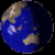 Six pixelated Earth globes rotate clockwise against black background, each showing different continents with blue oceans and brown landmasses.