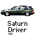 Pixelated green sedan with white roof stripe and black trim, positioned above pixelated text reading 'Saturn Driver' on gray background.