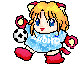 Pixelated character with blonde hair and cat ears holds soccer ball in various poses across four