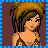 A 4-frame pixel art contact sheet showing a cartoon woman in various poses with brown hair, leopard-print top, and patterned pants against a solid background.