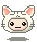 Pixelated cat-head avatar with white fur, pink inner ears, and black eyes; mouth alternates between closed and pink tongue-out expressions; blue vertical lines appear above head in some frames.