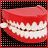Pixelated red mouth with white teeth, closed on left, open on right, against black-and-brown checkered background.