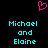 A static pixel art image with a black background, featuring a pink heart symbol above two identical cyan text blocks reading "Michael and Elaine".