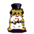 Animated hamster in top hat and white vest holding a cane, performing various poses on dark purple platform.