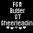 Pixelated text and symbols on black background with two identical side-by-side layouts showing FGA, Buder, GT, Cheerleadin, and five asterisk-like symbols with one grayed out.