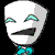 Pixelated cartoon character with white head, teal eyes and mouth, gray antenna base, and blue bow tie in multiple poses against black background.