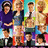 Pixelated group of five people in various poses and clothing against a multicolored background with blue, green, yellow, and red sections.