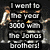 Animated image of four musicians on stage with text overlays reading "I want to the year 3000 with the Jonas brothers!" and "Jealous?"
