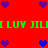 Red background with green text and purple/blue heart icons arranged in a pattern