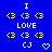 Blue background with white pixelated text and symbols arranged in two mirrored , including 'I', '<3' repeated three times per , 'LOVE', 'CJ', and a heart symbol
