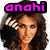 Pixelated image of a woman with long brown hair, wearing black clothing and holding her hand near her face; text labels 'anahi', 'annie', and 'mia' appear in different positions.