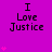 Purple background with repeated 'I Love Justice' text and pink heart symbols in a
