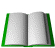 Animated sequence of an open book with green spine, pages flipping through various states of closure and opening.