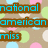 Pixelated text reads "national american miss" in cyan letters on brown rectangular bars against a beige background with scattered pastel circles.