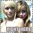Two people with light brown hair wearing white tops, standing side-by-side against a pixelated background with text reading "RIGHT HERE" at the bottom.