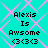 Pixelated cyan background with pink diamond lattice pattern, four identical text blocks reading "Alexis Is Awsome <3<3<3" in black pixel font.