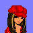 Pixel art buddy icon featuring a female character in red and blue attire with Valentine's Day text on a pink background.