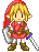Pixel art character with blonde hair and red hooded cloak, wearing red tunic, brown belt, white leggings, brown boots, holding two swords, standing against gray background.
