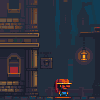 Pixel art scene of a character with orange hair and blue clothing standing on a platform beneath a dark cityscape with stone buildings, arched windows, and hanging lanterns.