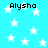 Light blue background with white stars and black text reading 'Alysha' in four locations.