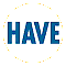 Two circular white icons with blue text: 'HAVE' on the left and 'FUN' on the right, each with a yellow pixelated border on a gray background.