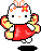 Pixel art of a white cat with red bow, red dress, and yellow wing-like props, showing two expressions on gray background.