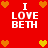 Red background with white text "I LOVE BETH" repeated four times, surrounded by orange and yellow pixelated hearts.