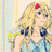 Pixelated static icon of a blonde anime-style character with blue eyes, wearing a blue dress and holding a yellow flower, set against a light background with vertical stripes.