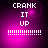 Pixelated text 'CRANK IT UP' in white on a purple gradient background with horizontal dotted lines below, displayed across four showing subtle color variations