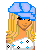 Pixel art contact sheet showing multiple views of a blonde female character in blue and white attire with a purple text box reading 'birfday Gurl'