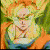 A pixelated character with spiky yellow hair and an orange martial arts uniform, shown in three sequential poses against a green background.
