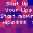 Pixelated text on a purple and pink checkered background with repeated phrases and punctuation.