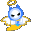 Pixelated angel icon with blue hair, white wings, yellow halo and base, black eyes, and a small cyan detail on its chest.
